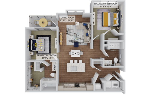 Floor plan for 2 beds, 2 baths, 1087 sqft